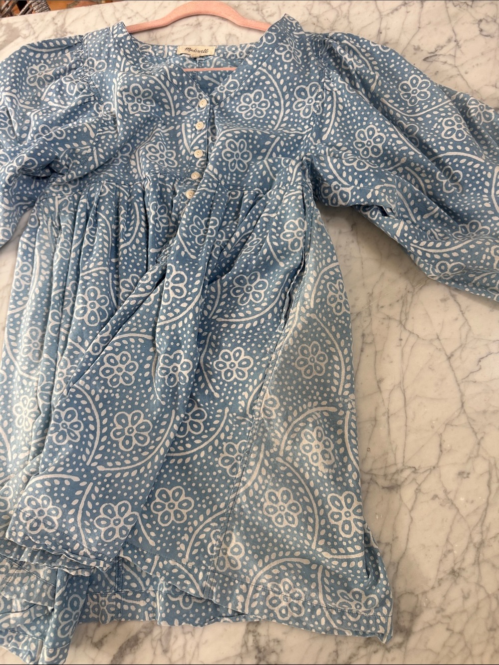 MADEWELL Sz L Bubble-Sleeve Button-Front Mini Dress in Indigo Paisley - Picture 8 of 10